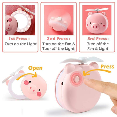 Cartoon Cute Pig LED Lights Mirror Pocket Fan